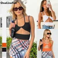onelinefox womens camis tops summer basic shirts white black casual vest hollow sexy hanging neck ultra short tank top