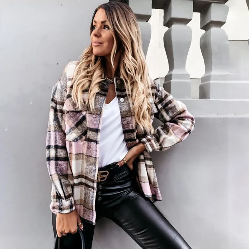 

Vintage Plaid Shirt women 2021 Autumn New Pocket Button Slim Fashion Blouses