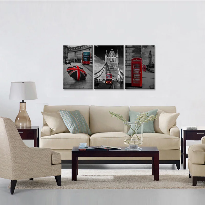 Настенная картина из 3 предметов холст черный и белый красный Лондонский автобус