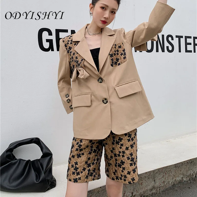 

Female Spring Autumn Hit Color Spliced Bow Four-leaf Clover Suit Women Elegant Designed Loose Shorts Ladies Brand New Set ML208