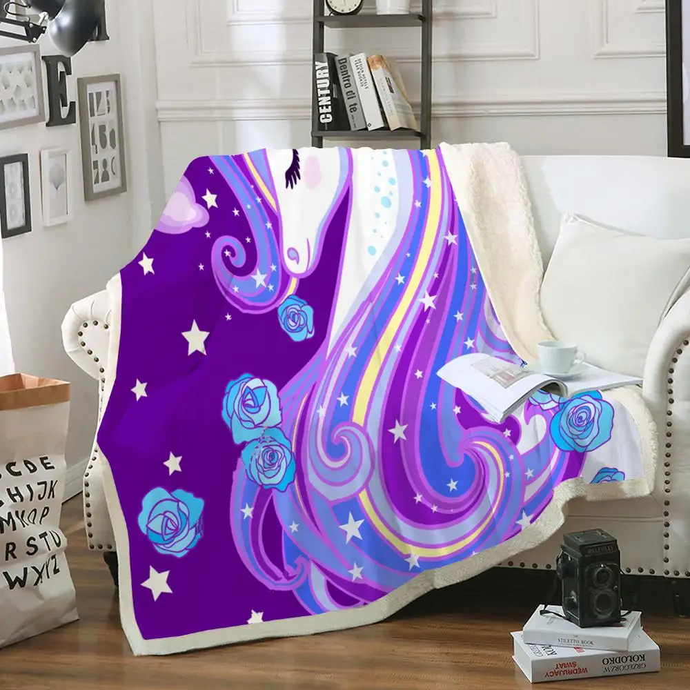 

Unicorn Blanket Cartoon Blue Flower Sherpa Fleece Blanket for Kids girls Purple Unicorn Thin Quilt on Bed Super Fluffy Blanket