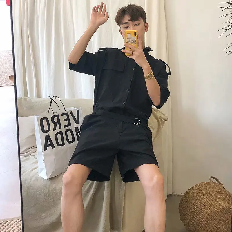 

2021 fashion men's overalls overalls punk style pocket pants loose solid color short-sleeved jumpsuit men's jumpsuit streetwear