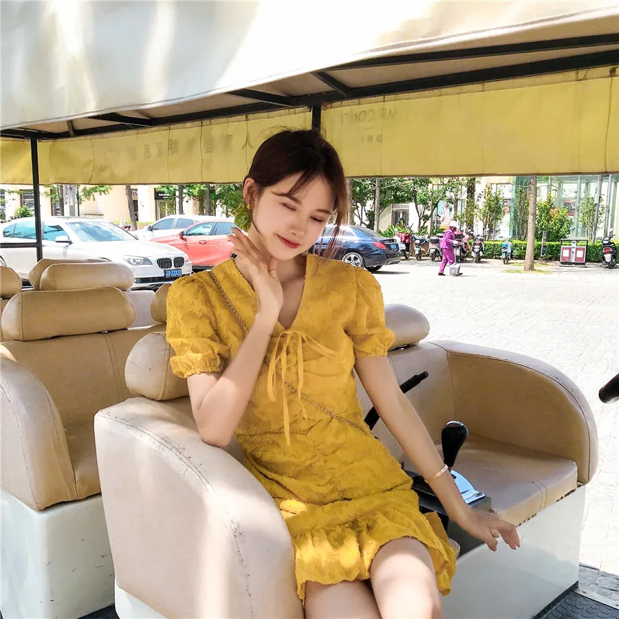 

Film female hubble-bubble sleeve accept waist skirt falbala retro dress French temperament fishtail skirt in summer