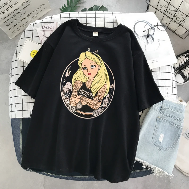 

Summer 2021Disney New Cartoon Snow White Belle Princess T Shirt O-Neck Aesthetics TShirt Print Short Sleeve Streetwear Women Top