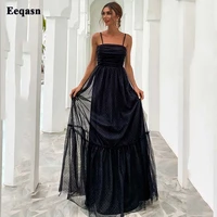 eeqasn black polka dotted tulle prom gowns simple straps tiered women formal evening dresses long special occasion event dress