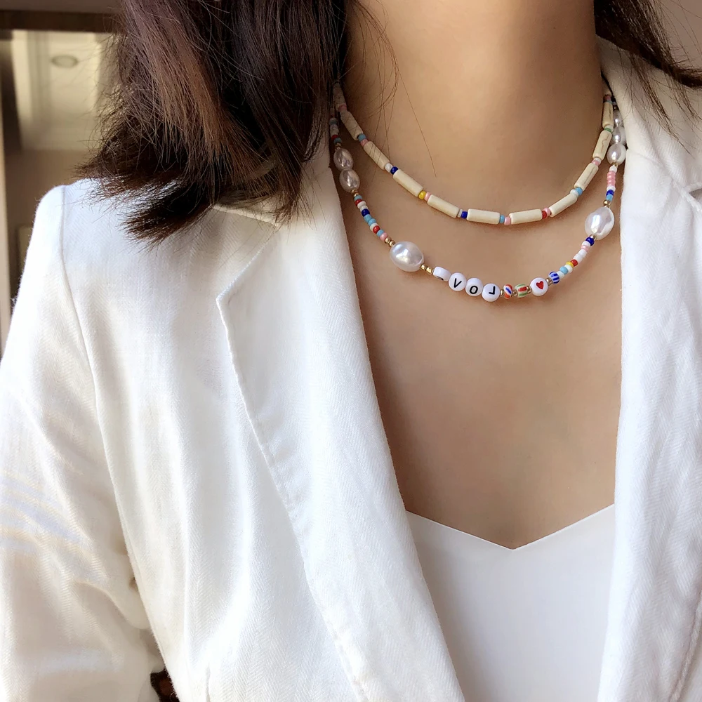 

Women Hnadmade Beaded Necklace Baroque Pearl Pendant Soft Clay Choker Summer Travel Beach Party Bohemian Jewelry