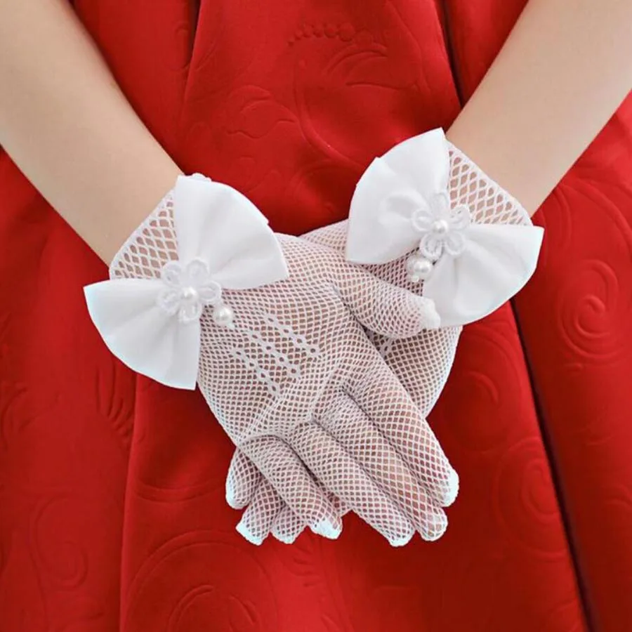 1 пара белых кружевных перчаток в сеточку для девочек с жемчугом первого