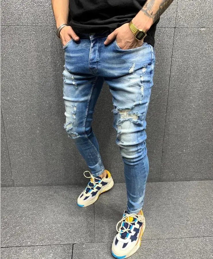 

New high quality worn out leg stretch jeans Leggings for men