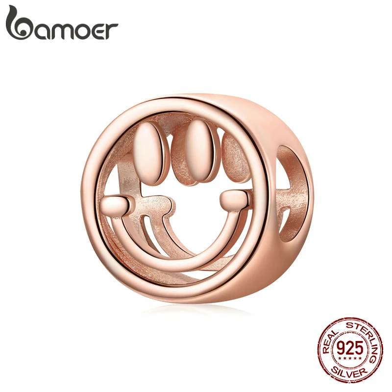 

bamoer 925 Sterling Silver Lucky Smile Round Bead Charm Rose Gold Pendant fit Women Charm Bracelets Necklace DIY Jewelry SCC1787
