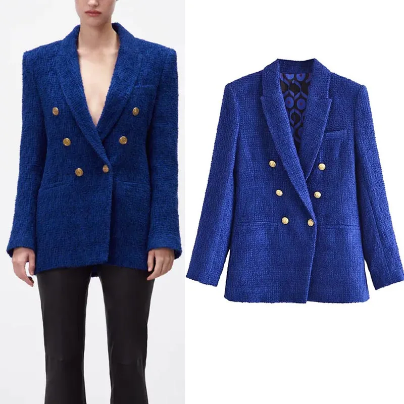 

KUMSVAG 2021 Autumn Women Casual Veins Blazers Coats ZA Long Sleeve Double Breasted Female Elegant Street OL Blazer Outerwear
