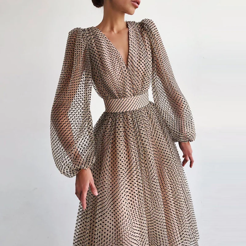 

Spring Ladies Dress Elegant Polka Dot Print Long Skirt Sexy Deep V-neck A-line Evening Dress Ladies Fashion Puffy Sleeve Dress