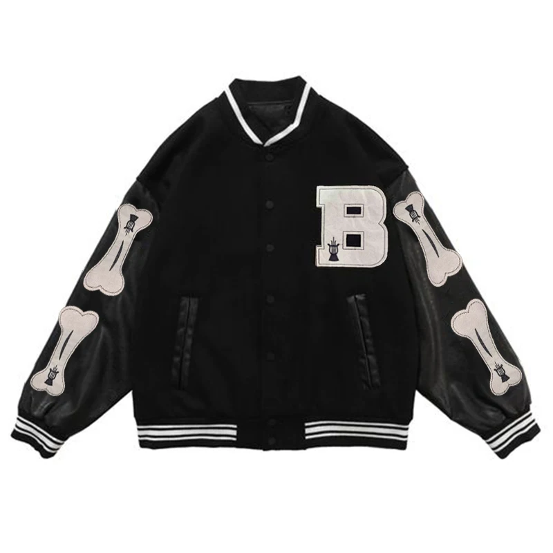

Winter Coat Hip Hop Men Baseball Jacket Harajuku Retro Varsity Bone Patchwork Casual Fashion Varsity Letter Coat Streetwear Tops