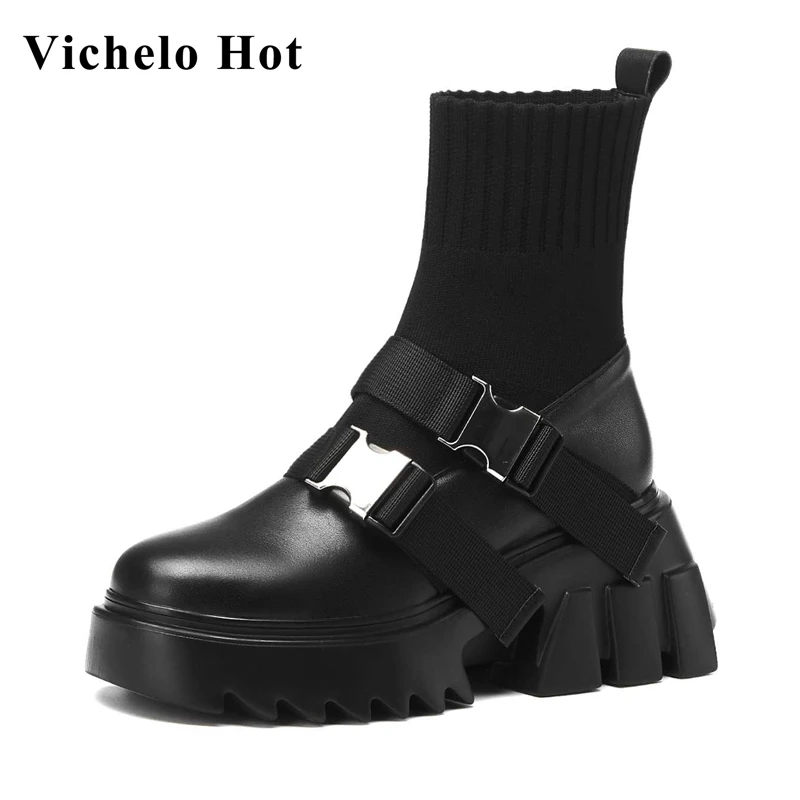

Популярные брендовые вязаные ботинки Vichelo из натуральной кожи с круглым носком на толстой подошве, ботильоны в европейском стиле для зрелых...