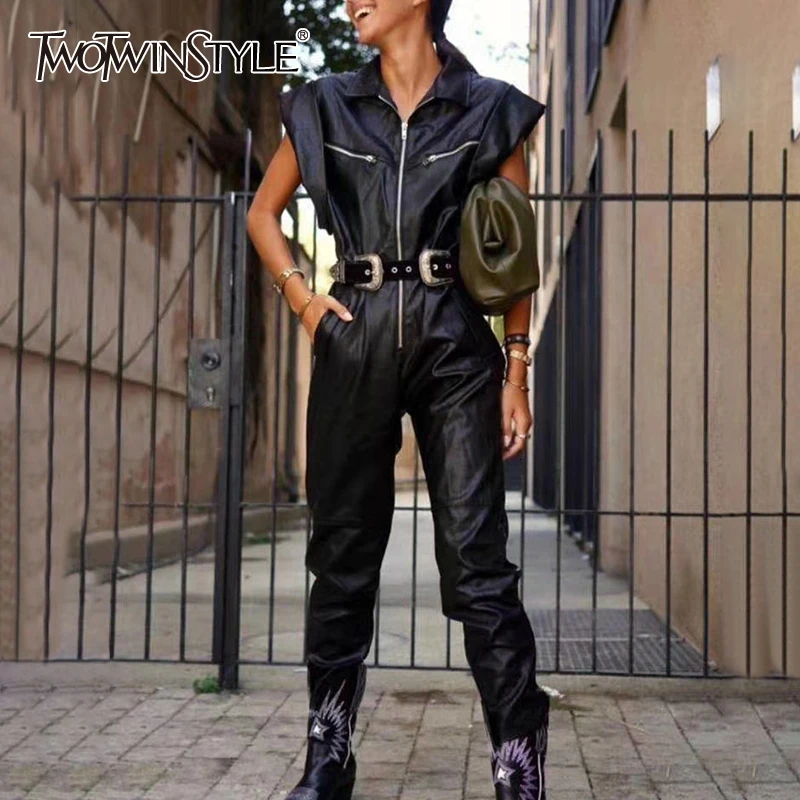 TWOTWIN стиль из искусственной кожи Байкерский комбинезоны для женщин воротник с