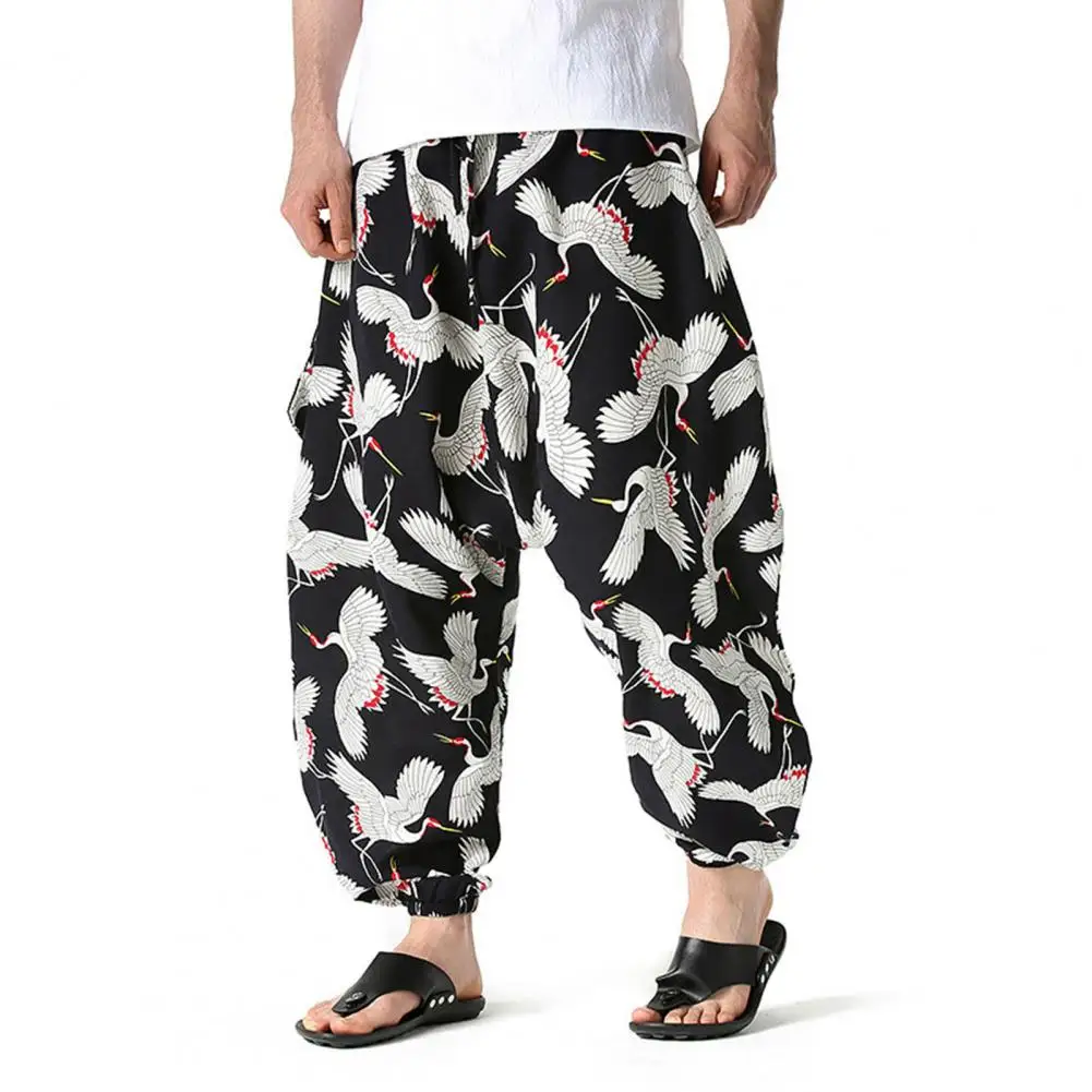 

Summer Harem Pants Printed Men Multi Pockets drawstring elastic waist Loose Printed Trousers Casual loose men pants Plus size
