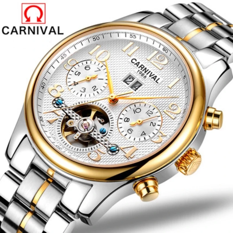 Carnival Brand Silver Gold Automatic Watch Men Fashion Luxury Waterproof Hollow Calendar Mechanical Wristwatch Relogio Masculino