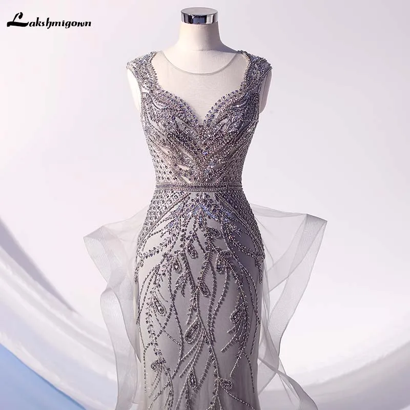 Lakshmigown модное серебристое Стразы вечернее платье Русалка Длинные оборки Тюль
