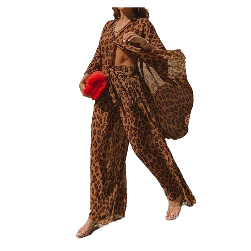 

2021 Summer Leopard Print Women 2 Piece Sets Spring V-neck Button Shirt Top + Wide Leg Pants Suit Sexy Loose Fashion Outfits