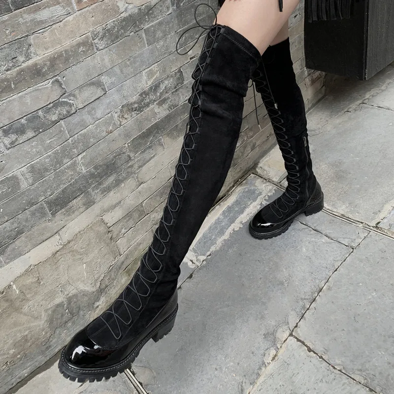 

FEDONAS Sexy Female Flock Stretch Boots Dancing Party Shoes Woman Chunky Heels Women Genuine Leather Over The Knee High Boots