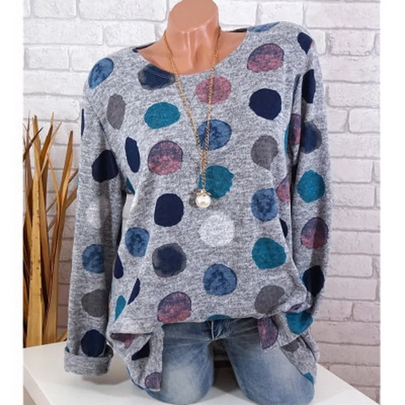 

2020 summer fashion leisure street round neck digital printing color polka-dot long-sleeved female T-shirt plus size S-5XL