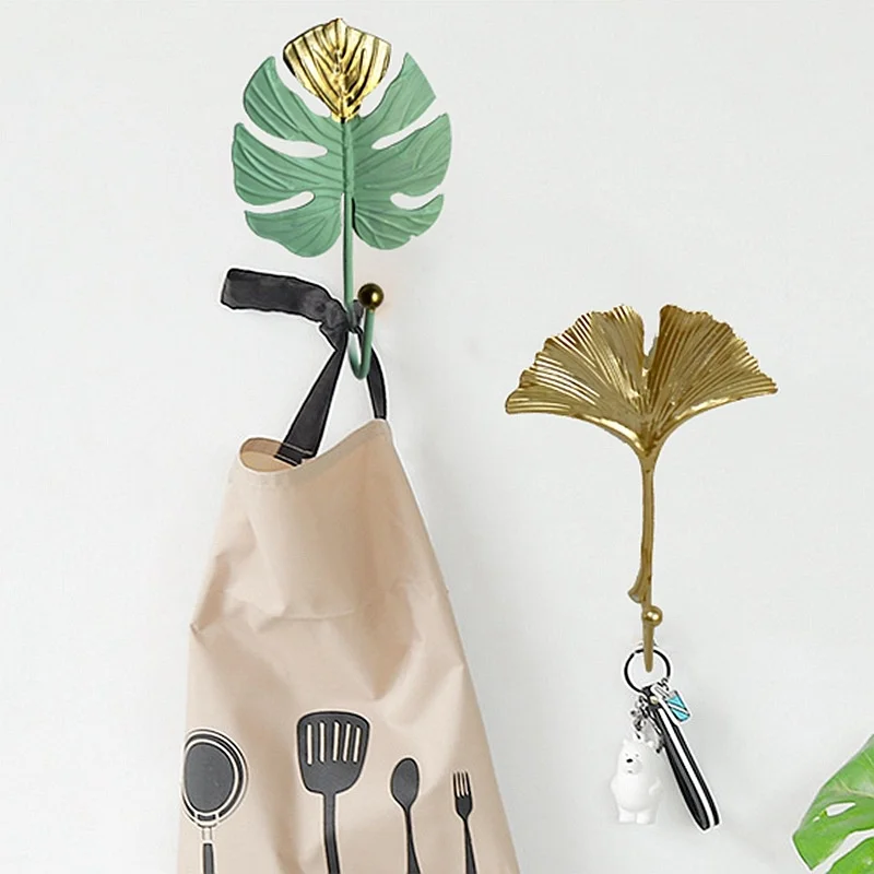 

1 pcs Nordic Style Gold Green Leaf Shape Wrought Iron Hook Wall Hanger Hanging Storage Rack For Towel Clothes Home Organization