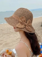 bowknot bucket hats for women crochet sun hat summer anti uv solid fisherman hat outdoor sunscreen travel wide brim straw caps