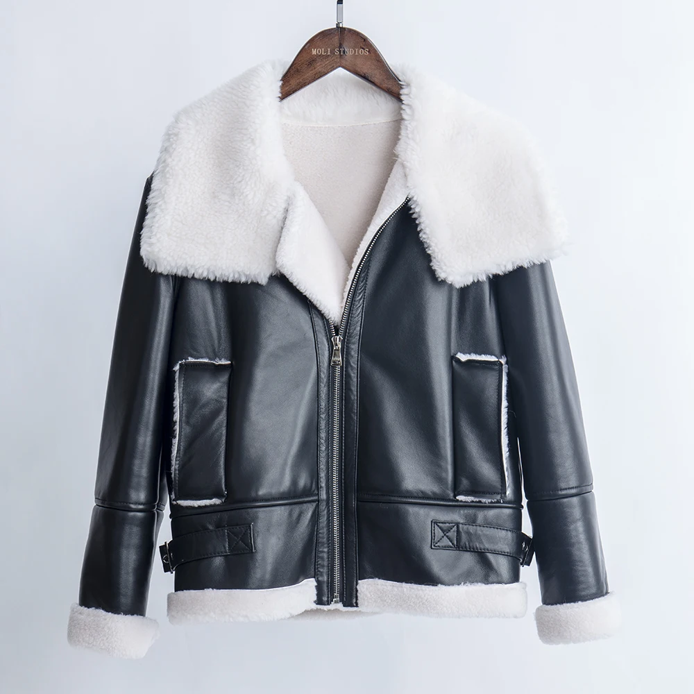 Genuine motorcycle sheepskin leather jacket Real fur plus size sheep shearing coat womens tops and blouses 2020 new fashion