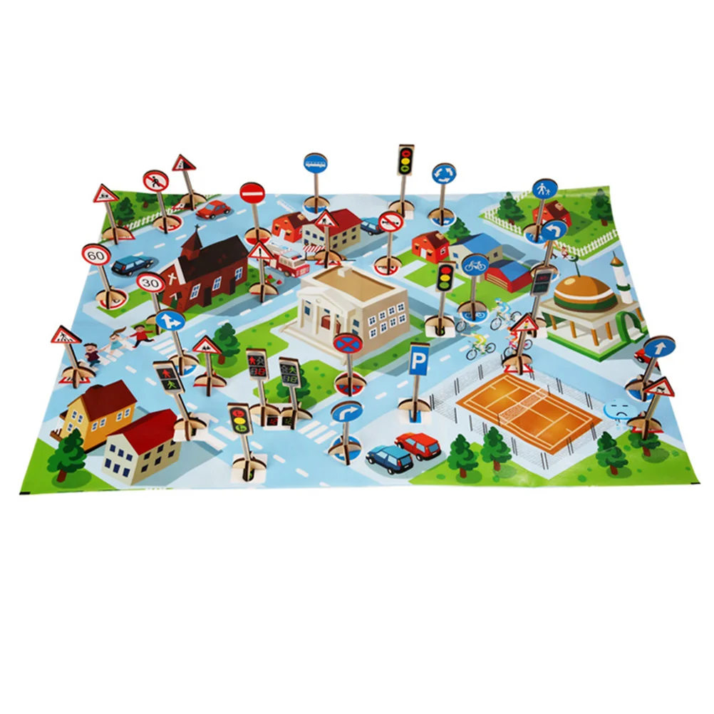 

1 Set Kids Wooden Street Signs and Cards and Map Set Wood Educational Toys