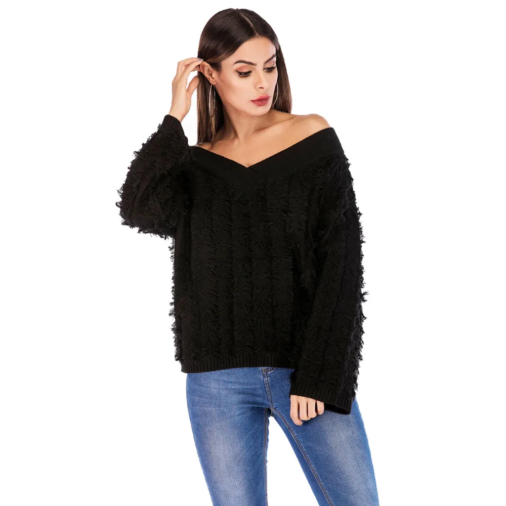 Autumn Winter Sweater Women 2019 Casual Solid Off Shoulder Oversized Tassel Loose V Neck Warm Pullover Knitted Sweaters | Женская одежда
