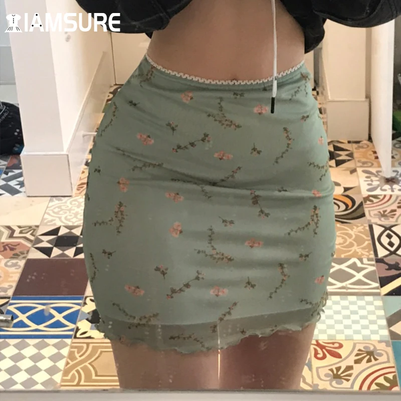 

IAMSURE Prairie Chic Floral Mesh Skirt Sexy See Through Elastic Waist Mini Skirts Women 2021 Summer Fashion Casual Streetwear