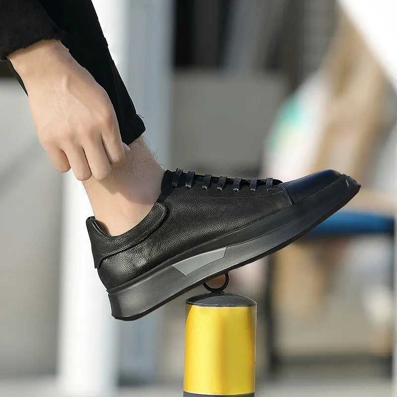 Мужские повседневные кроссовки на платформе черные массивные из натуральной