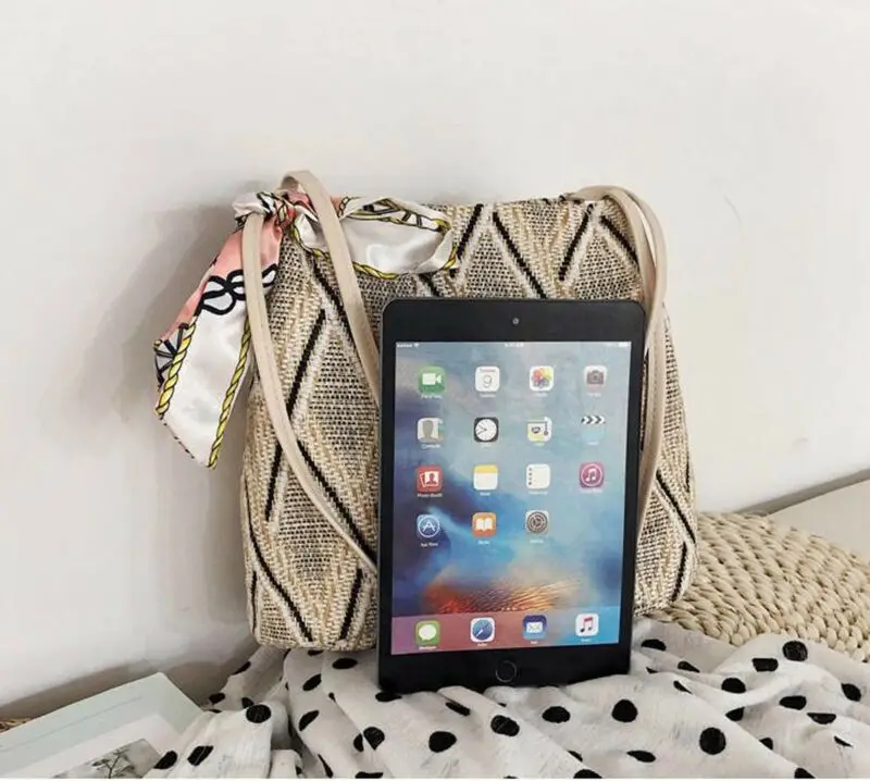 Женская ромбовидная соломенная сумка с лентой ретро Сумочка из ротанга тканые