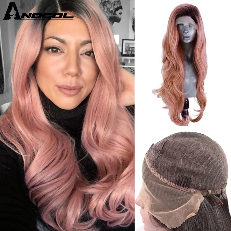 ANOGOL Ombre Pink Synthetic Lace Front Wig with Dark Roots High Temperature Fiber Long Natural Wave Wig for Women