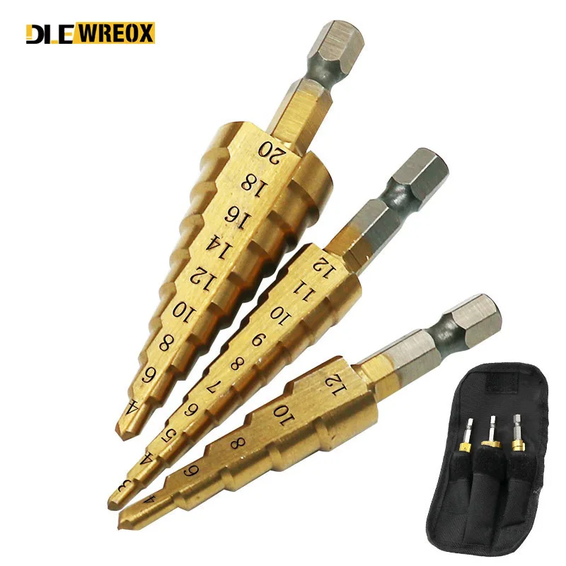 

3-12mm 4-12mm 4-20mm Step Cone Drill Bit Hole Cutter Dint Tool Hex Shank Step Drills shank Coated Metal Drill Bit Set With Bag