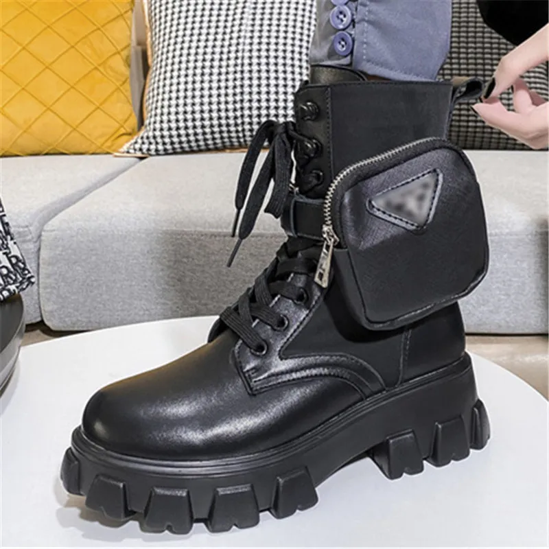 Leather Pocket Platform Women's Motorcycle Boots British Style Increase Height Female Boots Spring Autumn Fashion Ladies Shoes