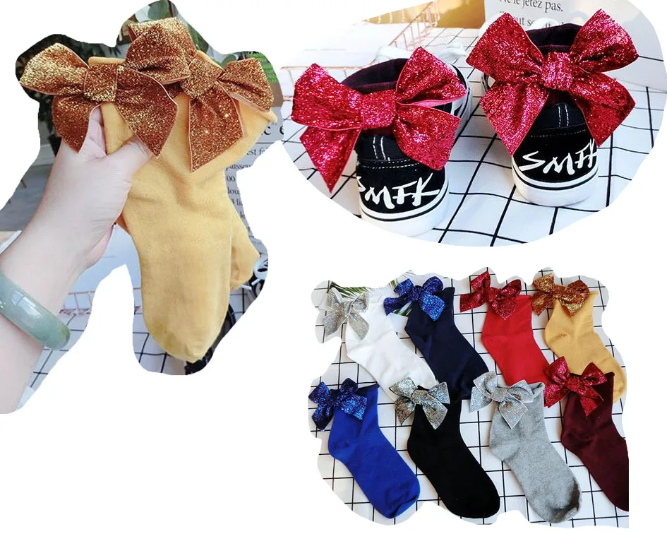 Модные милые блестящими бантами короткие носки женские полусапожки на шнурках с