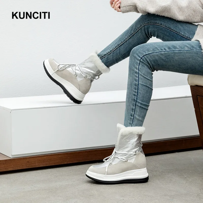 KUNCITI/; зимняя обувь; женские зимние ботильоны на шнуровке; ботинки из натуральной кожи на танкетке; модная дизайнерская теплая обувь на меху; D9182