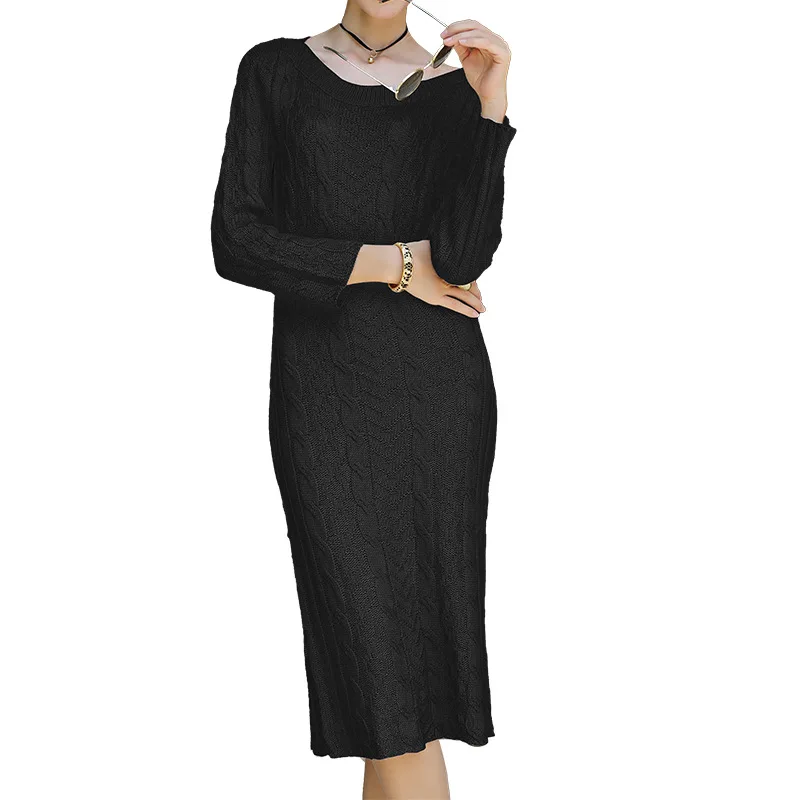 

Pure color spiral floral bottom sweater skirt women 2020 European and American one-line neck slim long knitted dress