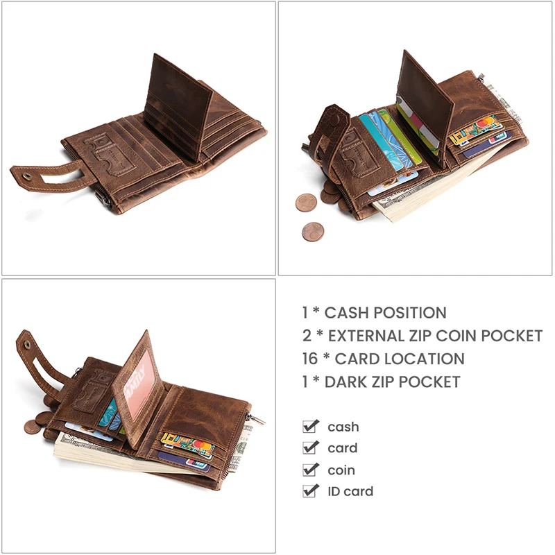 Мужской короткий кошелек AURAY Черный винтажный из натуральной кожи на молнии с