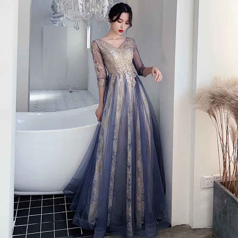 

V-Neck Luxury Evening Dress Long Gala Revery Gown Long Party Dresses For Women Elegant Celebrity Stage Show Blue Dresses