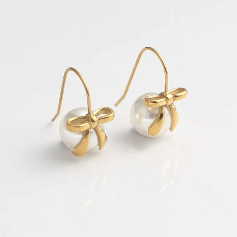 

Hot Selling Fashion Jewelry Bowknot Style Hook Stainless Steel Waterproof Gold Plated Pearl Drop Earrings For Women