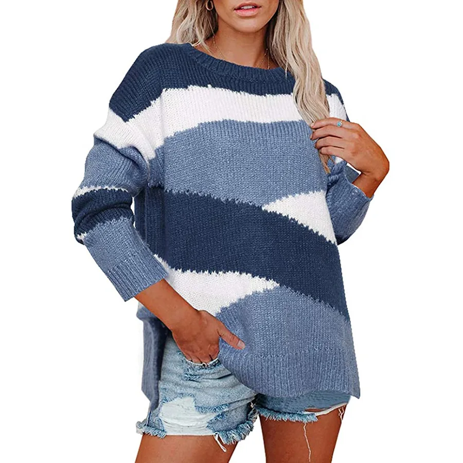 

Winter Woman Pullover Irregular Striped Patchwork Blue Sweater Female Crew-Neck Long Sleeve Kobieta Swetry Loose Knitted Sweater