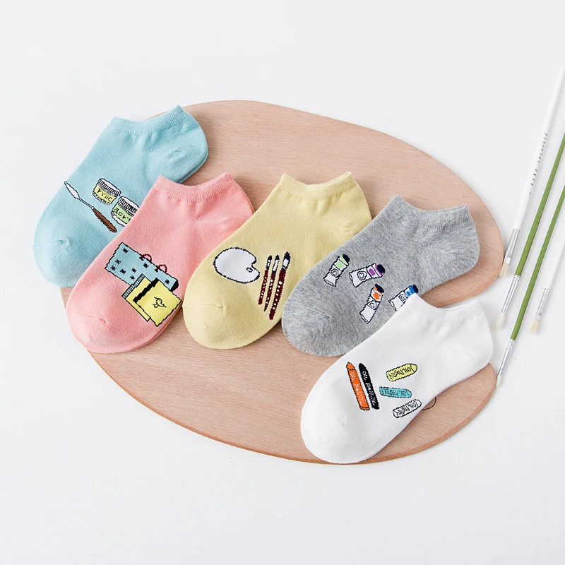 

LJIQQ 5 pairs women boat socks funny fashion kawaii ankle socks Korean style cotton socks spring summer thin socks cute pen sock