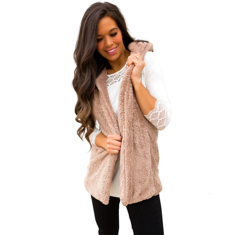 Зимняя теплая свободная шерстяная жилетка с капюшоном флисовая повседневная