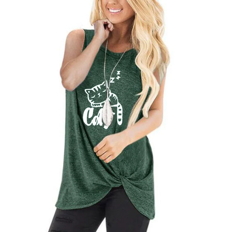 Футболка женская с принтом спящего кота модный топ без рукавов Асимметричная