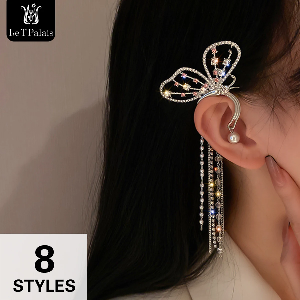 

Le T Palais Crystal Butterfly Ear Clips Without Piercing Pearl Ear Cuff Zircon Tassels Charm Earrings For Women Wedding Gifts
