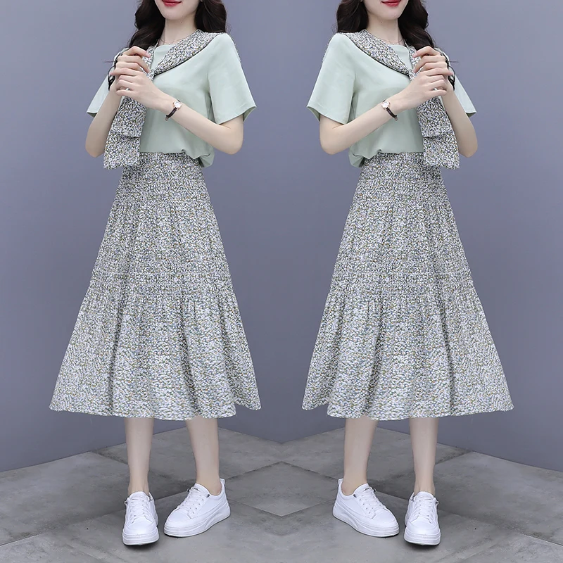 

new summer fashion bow neck floral printing two-piece sets short sleeves sweet style women's clothing female