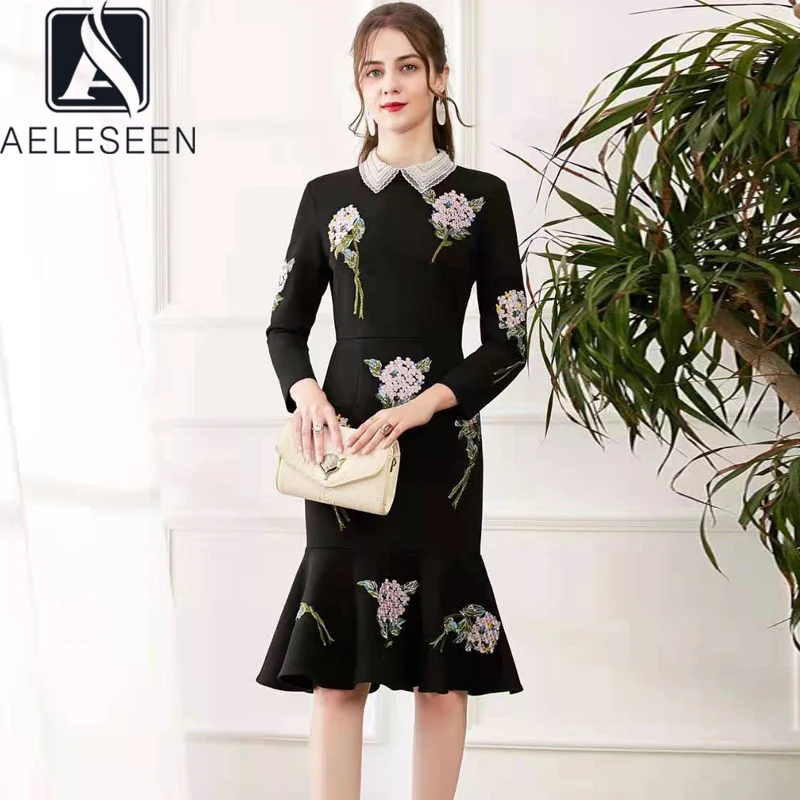 

Женское платье-труба AELESEEN, весеннее платье высокого качества с вышивкой и бисером, вечерние Вечерние Платья с цветочным принтом, 2021