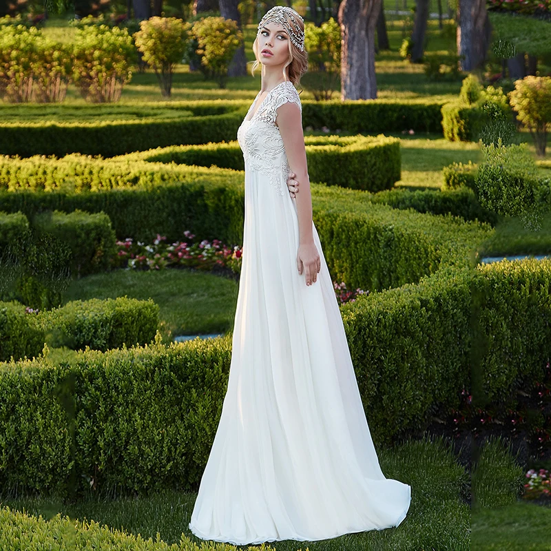 

Elegant Square Neck Chiffon A-line Wedding Gowns 2021 High Quality Sweep Train Appliques Cap Sleeve Bridal Dress