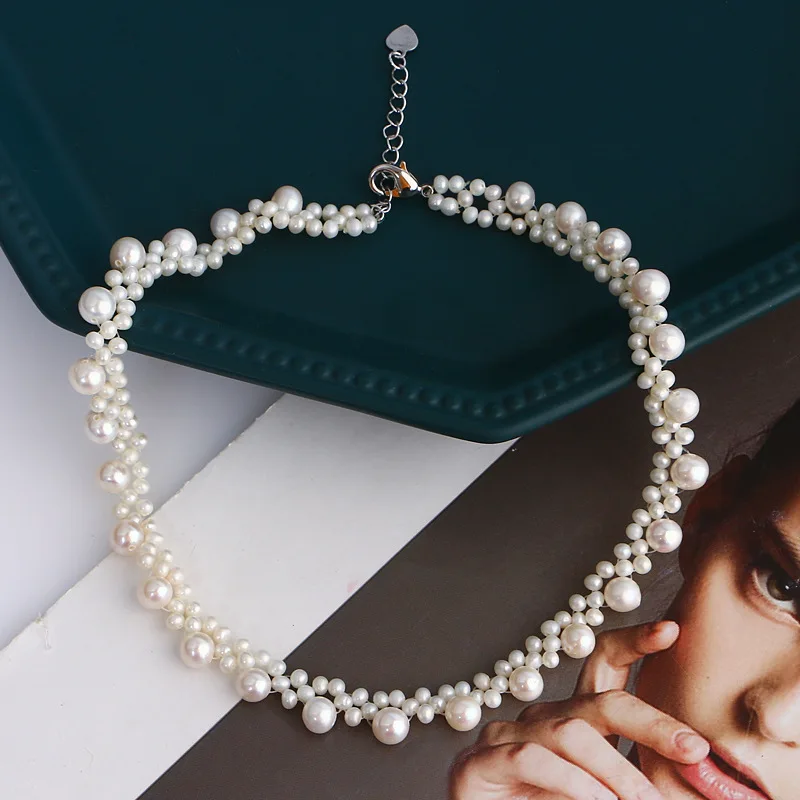

Lace edge freshwater pearl hand-woven necklace 210326-25